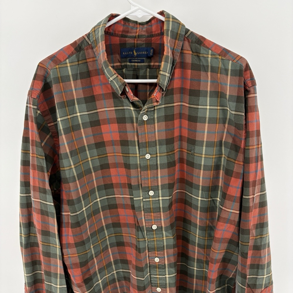 Polo Ralph Lauren Shirt Mens XXL Custom Fit Salmon Olive Plaid Pony Button Down